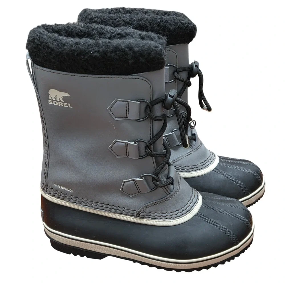 Sorel 1964 Pac Strap Winter Boots Youth 4 Grey Black Waterproof Winter Snow Ski